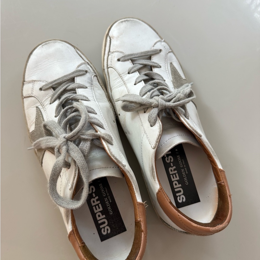 Golden Goose White Leather Sneakers with Gray Accents and Tan Heel